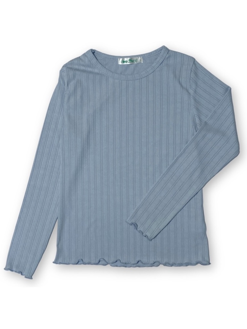 COOLTREE Girls Size 12 Light Blue Ribbed Long Sleeve Lettuce Edge Hem Shirt